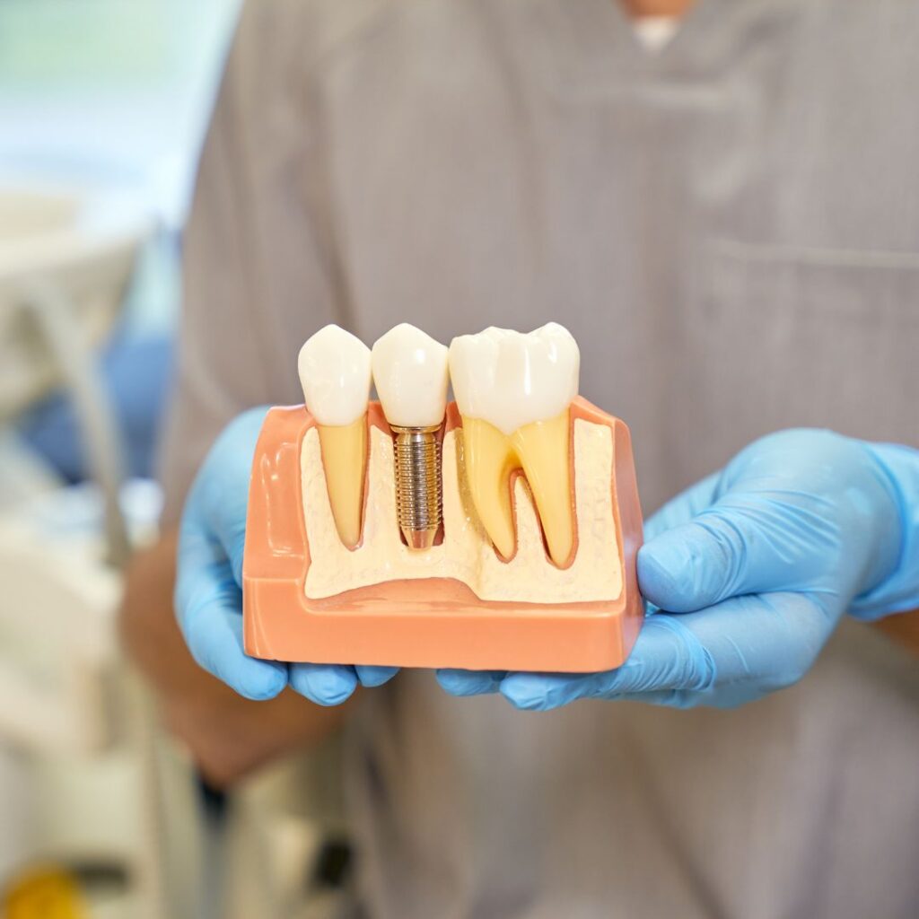 implante dental, un puente o una prótesis dental